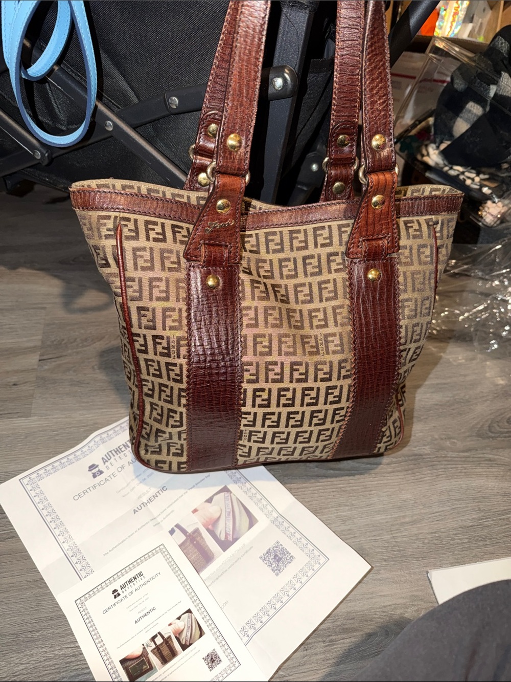Fendi Beige and Brown FF Canvas Tote with Leather Trim